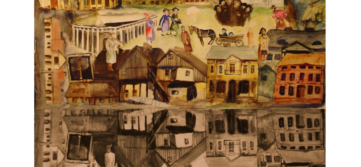 Obraz przedstawiający domy i ludzi