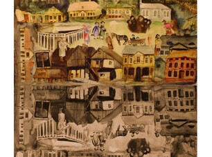 Obraz przedstawiający domy i ludzi
