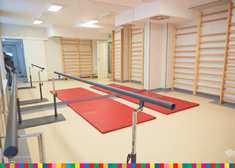 sala rehabilitacyjna z drabinkami i materacami do ćwiczeń