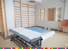 sala rehabilitacyjna z drabinkami i łóżkiem rehabilitacyjnym