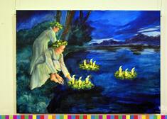 Obraz przedstawiający kobiety puszczające wianki na wodzie. Noc świętojańska
