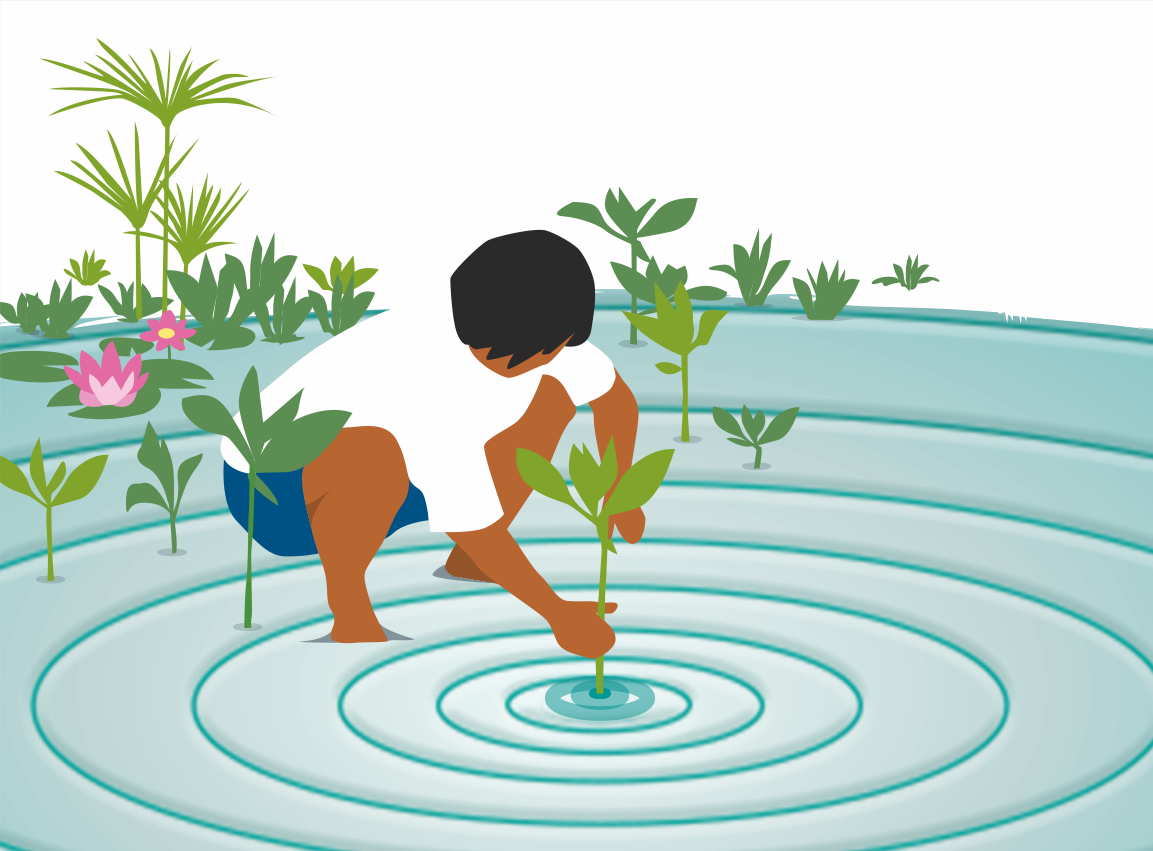 Mężczyzna trzyma roślinę w zbiorniku wodnym.