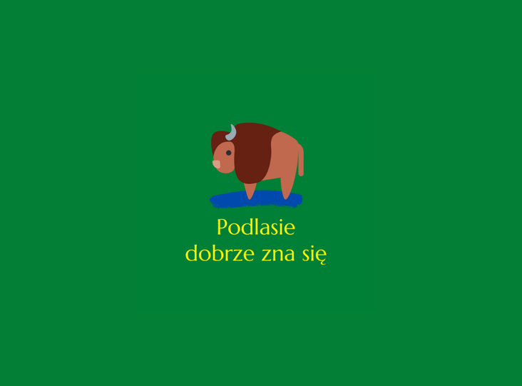 Rysunkowy żubr na zielonym tle. Napis Podlasie dobrze zna się.