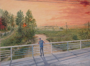 Obraz przedstawiający mężczyznę na moście. Zachód słońca.