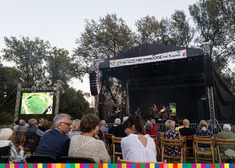 widok na muzyków grających na scenie zza pleców widzów