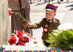 Chłopczyk w stroju zołnierza kładzie kwiatek