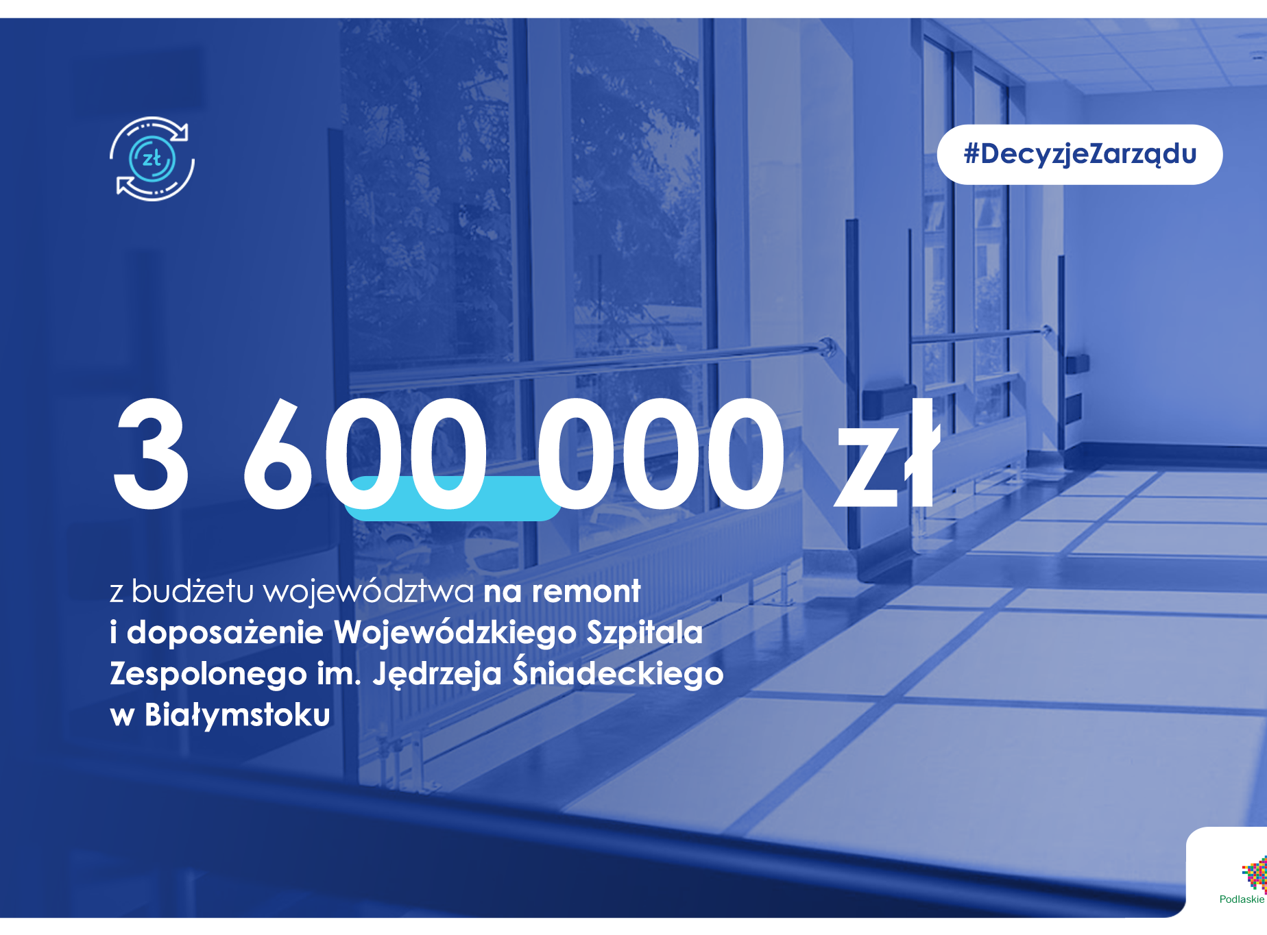zdjęcie szpitala z napisem: 3,6 mln zł dla szpitala wojewódzkiego w Białymstoku