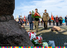 Żołnierz podchodzi z wieńcem do pomniku z marszałkiem z boku.