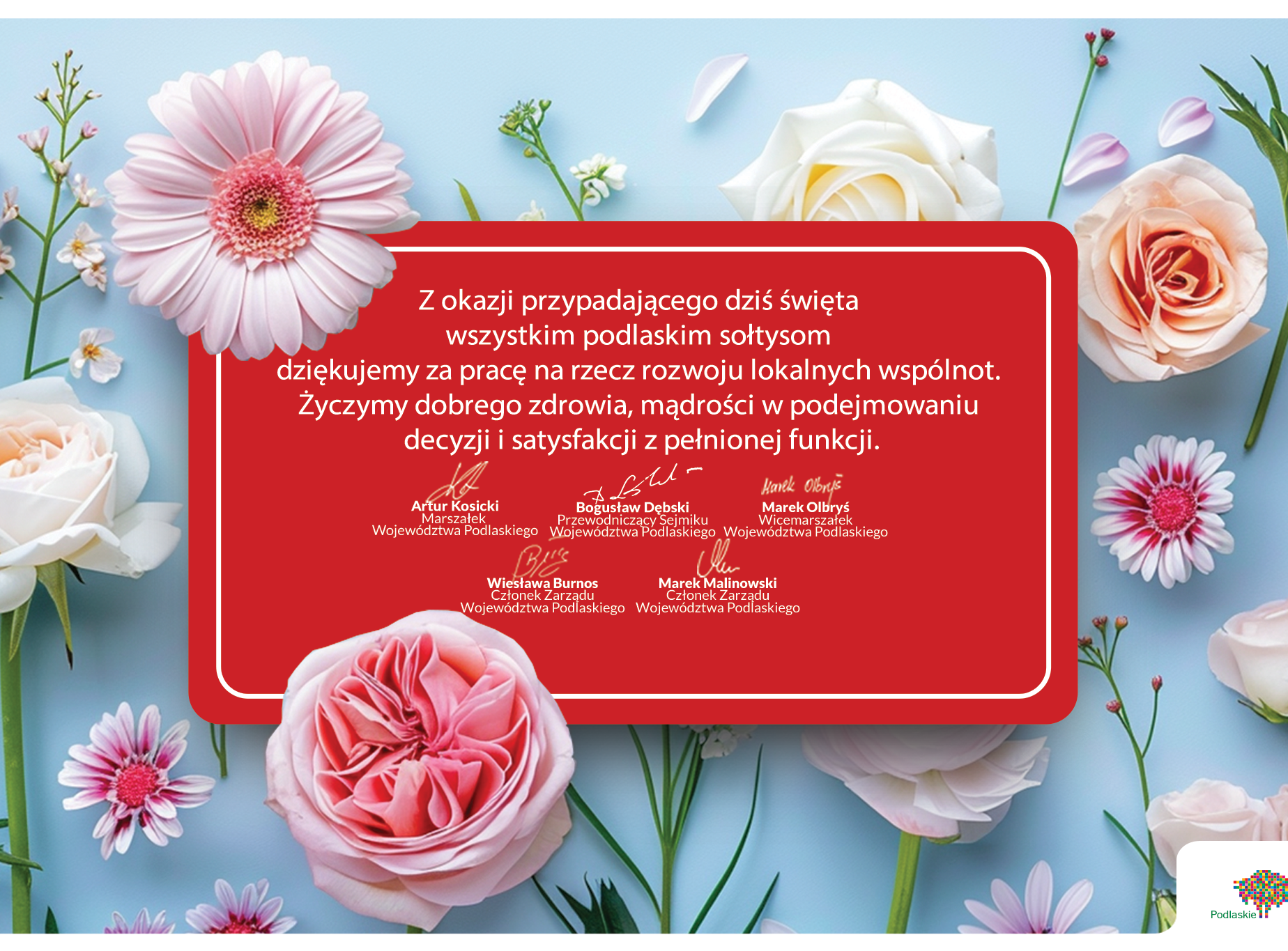Czerwona tabliczka z życzeniami od Zarządu Województwa Podlaskiego w dniu sołtysa