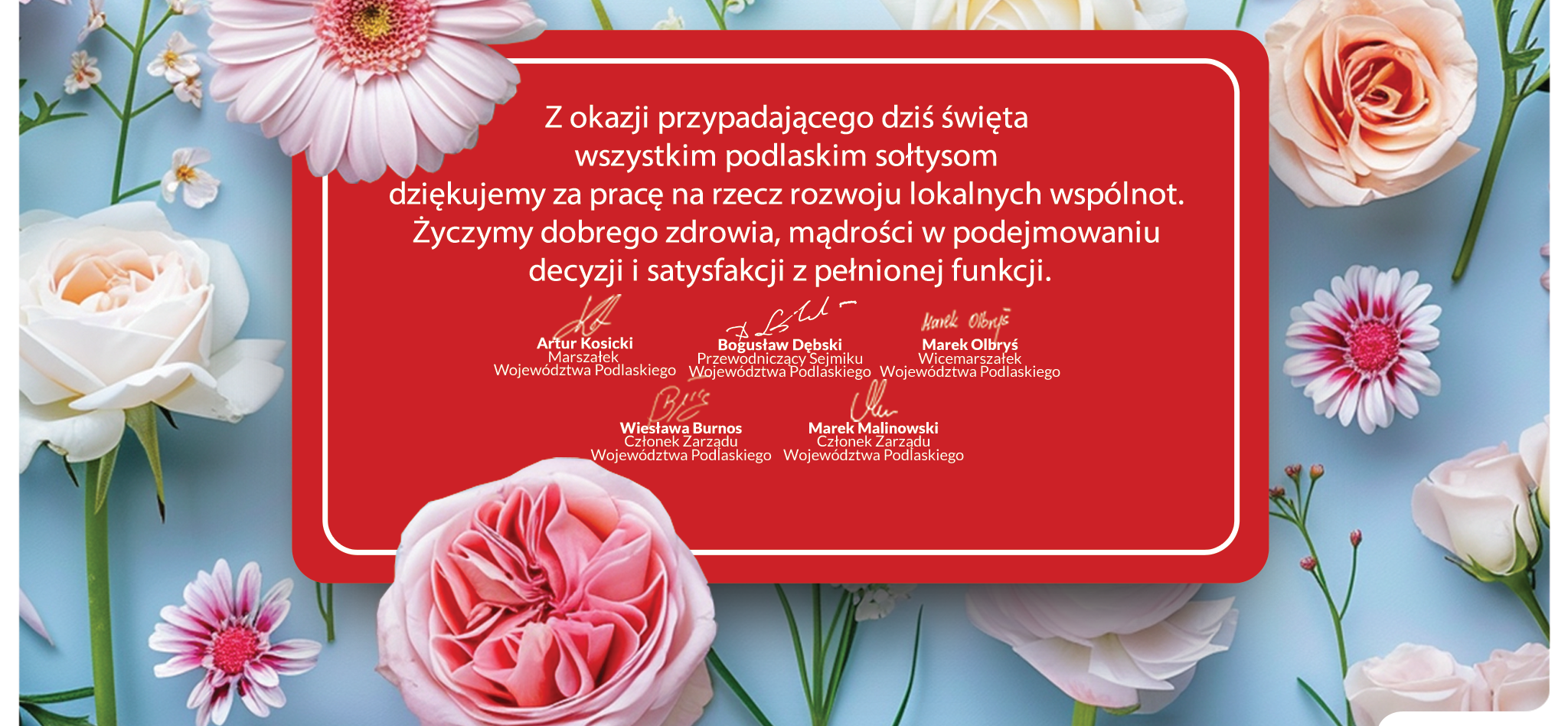Czerwona tabliczka z życzeniami od Zarządu Województwa Podlaskiego w dniu sołtysa