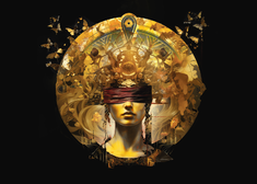 Grafika ukazującą kobiecą twarz z zasłoniętymi opaską oczami, wokół głowy złota ozdoba