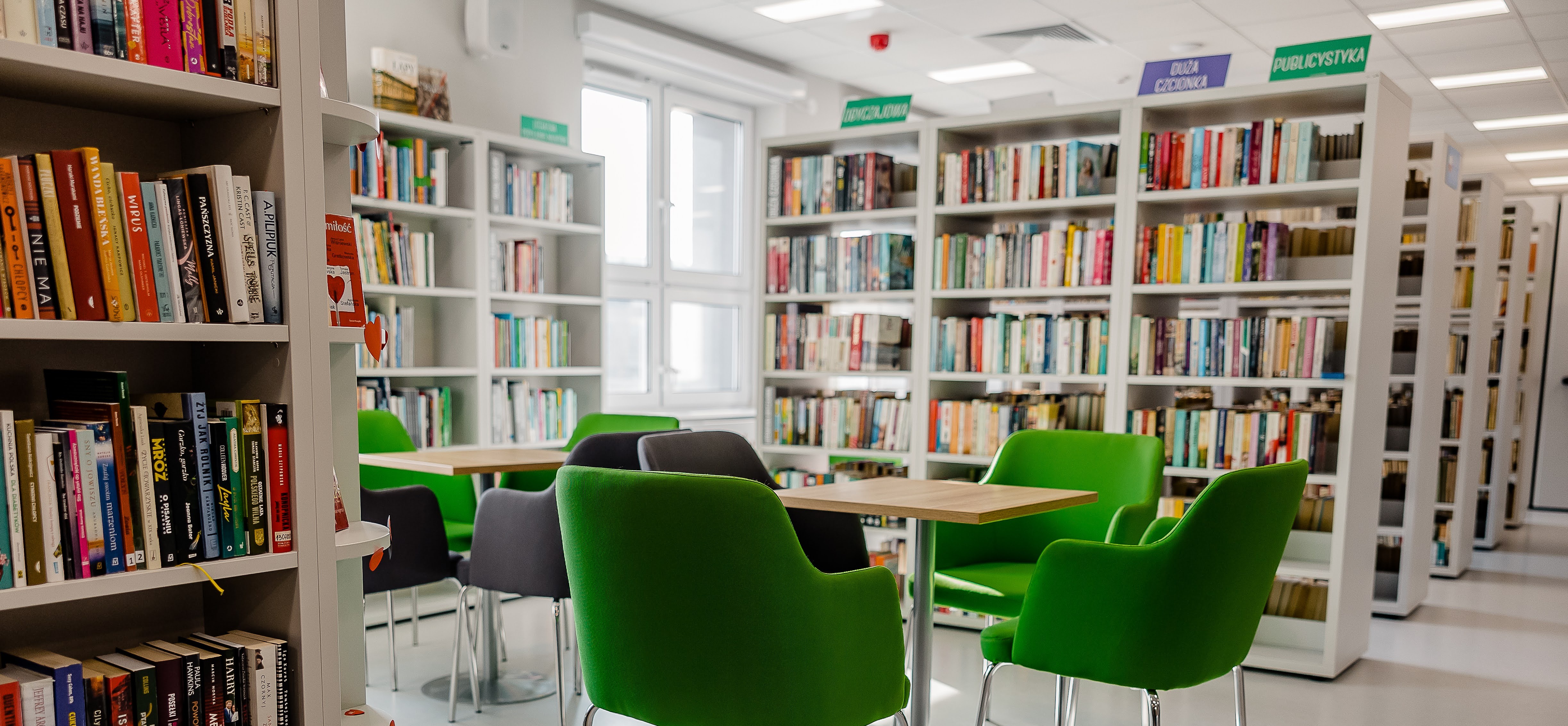 Zielone krzesła w pomieszczeniu wypełnionym półkami z książkami
