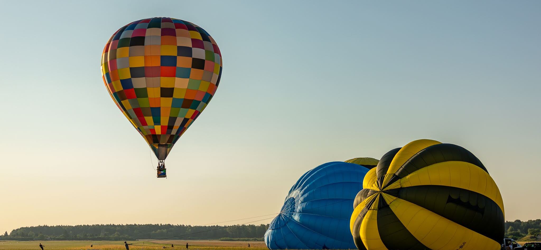 balon unosi nad łąką