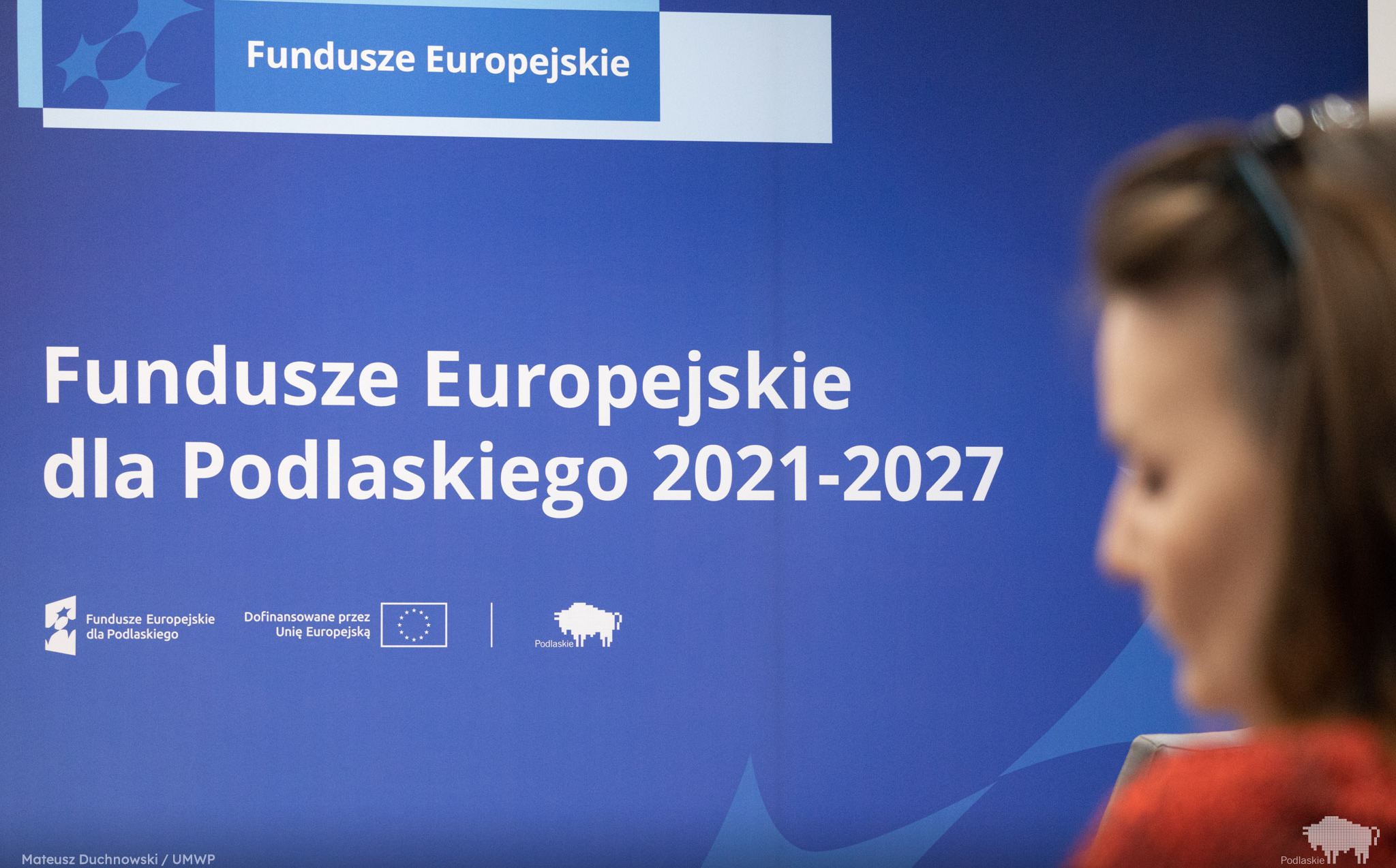 Baner z napisem Fundusze Europejskie dla Podlaskiego.