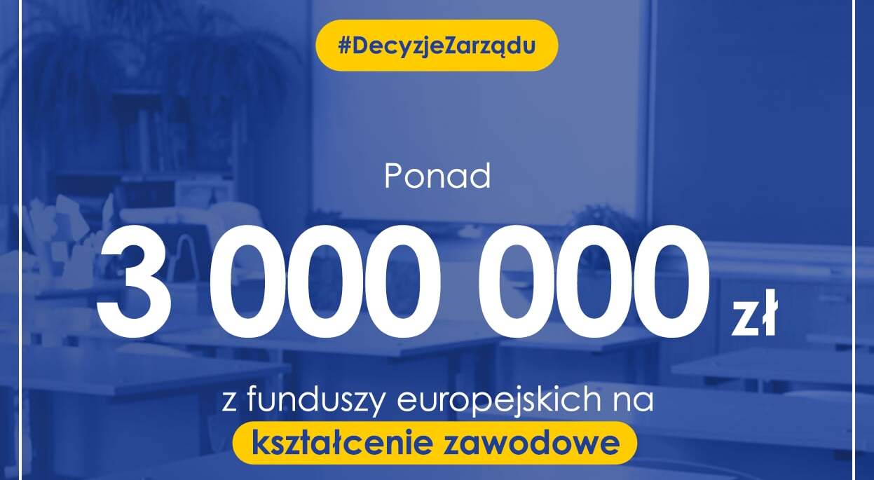 Banner informujący o kolejnej uchwale Zarządu Województwa Podlaskiego dotyczącej przeznaczenia ponad 3 milionów złotych na kształcenie zawodowe w województwie podlaskim.