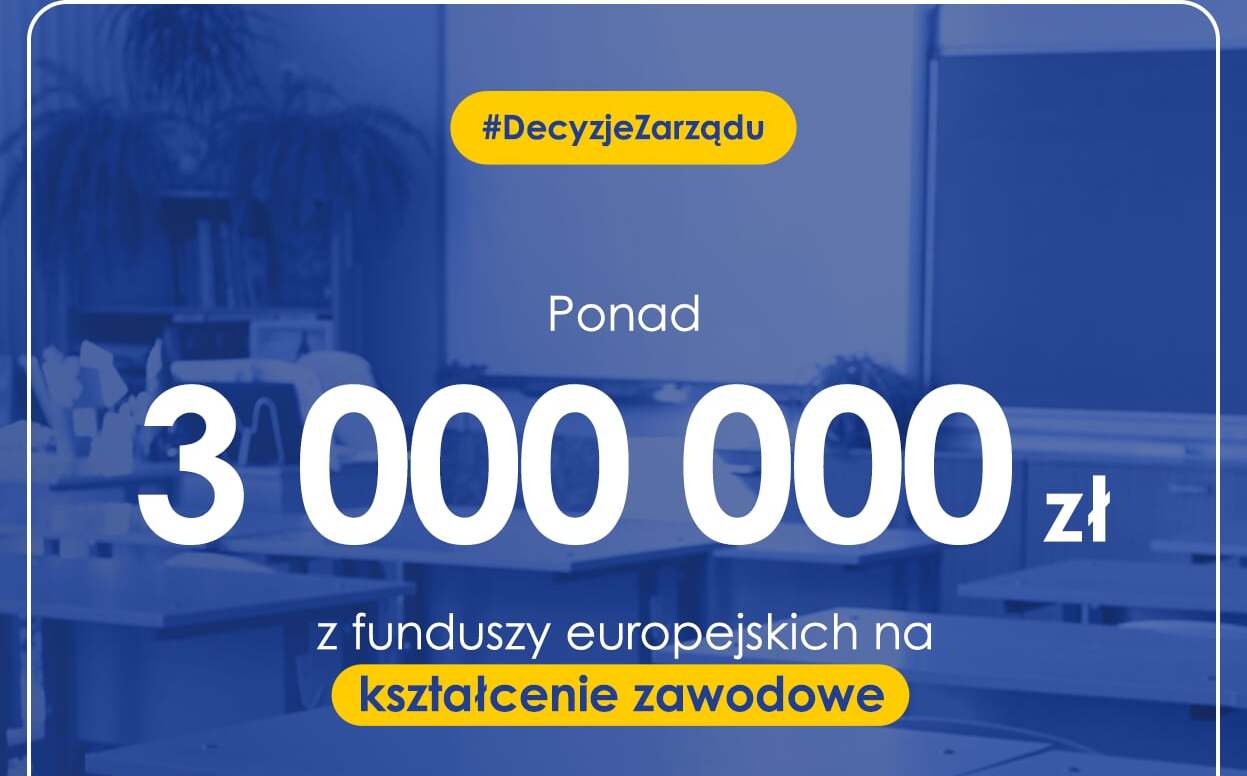 Banner informujący o kolejnej uchwale Zarządu Województwa Podlaskiego dotyczącej przeznaczenia ponad 3 milionów złotych na kształcenie zawodowe w województwie podlaskim.