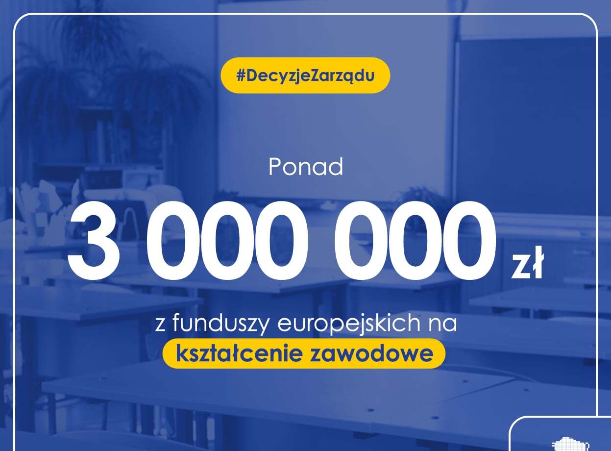 Banner informujący o kolejnej uchwale Zarządu Województwa Podlaskiego dotyczącej przeznaczenia ponad 3 milionów złotych na kształcenie zawodowe w województwie podlaskim.