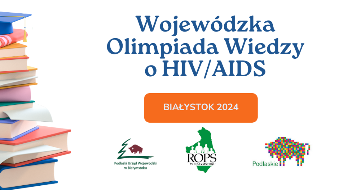 Grafika z napisem Wojewódzka Olimpiada Wiedzy o HIV/AIDS z logotypami organizatorów