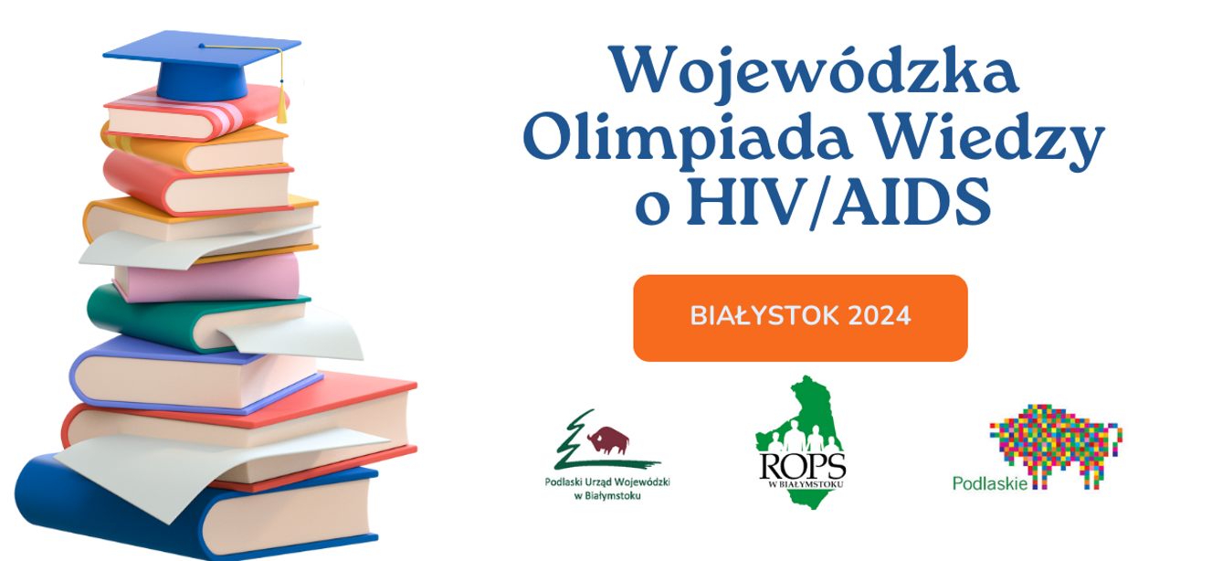 Grafika z napisem Wojewódzka Olimpiada Wiedzy o HIV/AIDS z logotypami organizatorów