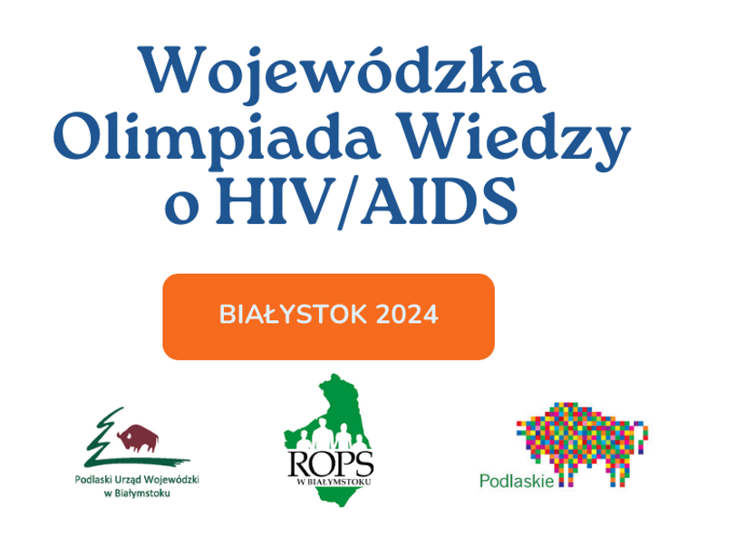 Grafika z napisem Wojewódzka Olimpiada Wiedzy o HIV/AIDS z logotypami organizatorów