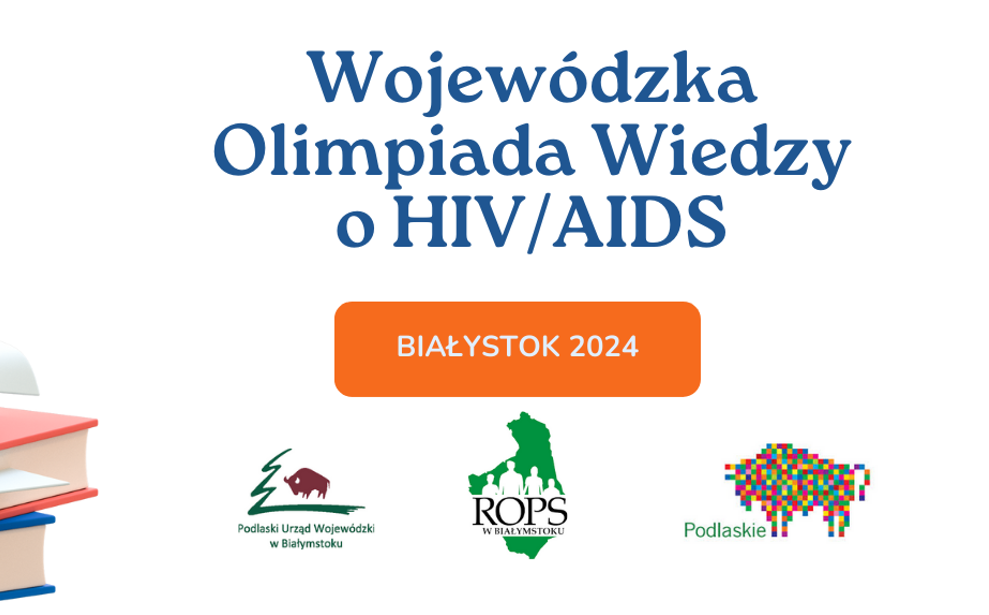 Grafika z napisem Wojewódzka Olimpiada Wiedzy o HIV/AIDS z logotypami organizatorów