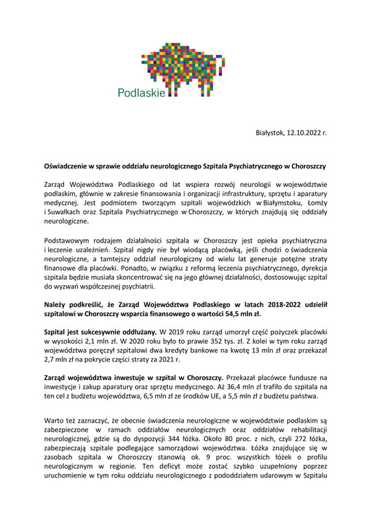treść oświadczenia w sprawie szpitala psychiatrycznego w Choroszczy, znajduje się również w załączniku