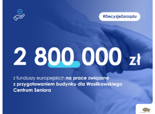 Grafika z napisem 2 800 000 zł z funduszy europejskich na prace związane z przygotowaniem budynku dla Wasilkowskiego Centrum Seniora