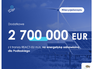 Grafika z napisem dwa miliony siedemset tysięcy euro z II transzy REACT-EU m.in: na energetykę odnawialną dla Podlaskiego