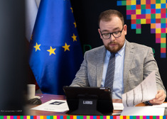 Mężczyzna na tle pikselowego żubra i flagi Unii Europejskiej